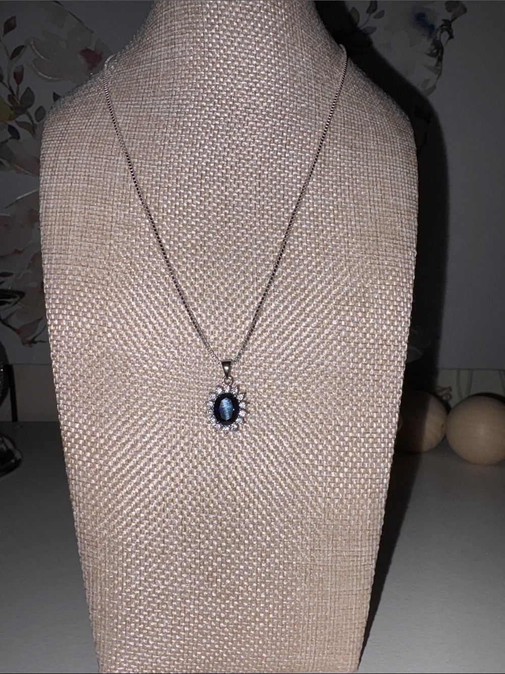 Sterling Silver Sapphire Blue Oval Pendant CZ Necklace with Halo Accent